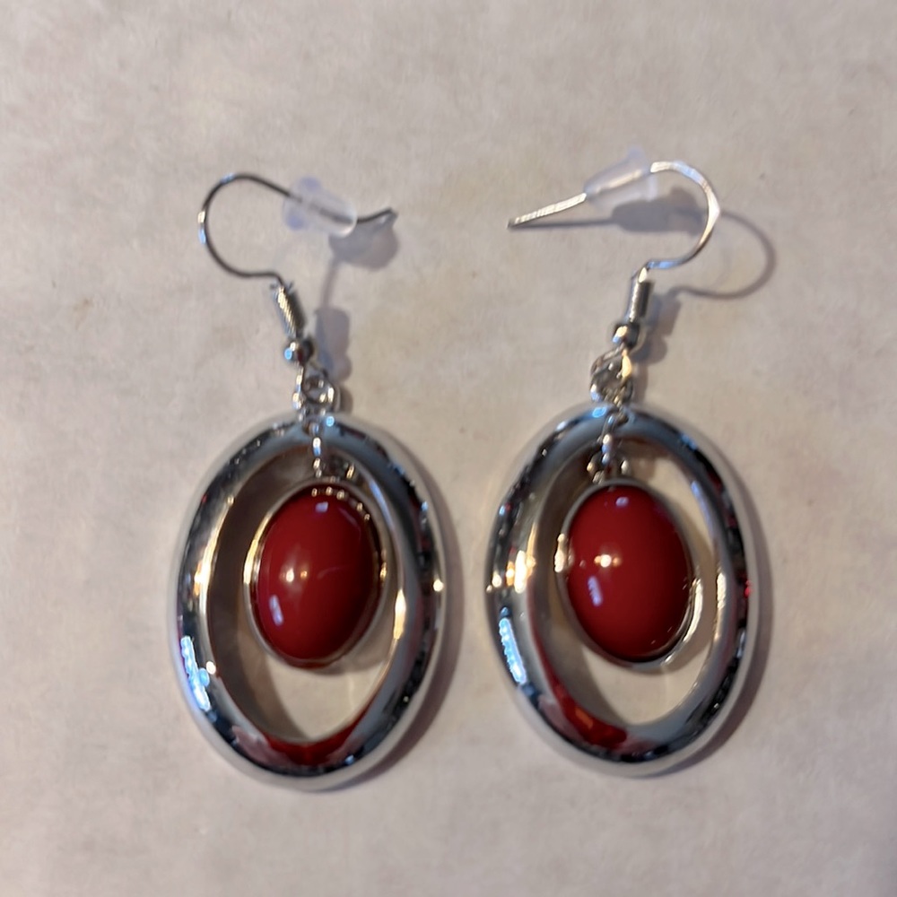 Bohemian Red Cabochan Silver Earrings